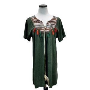 Cherry Paris Embroidered Tassel Green Tunic Top Size M